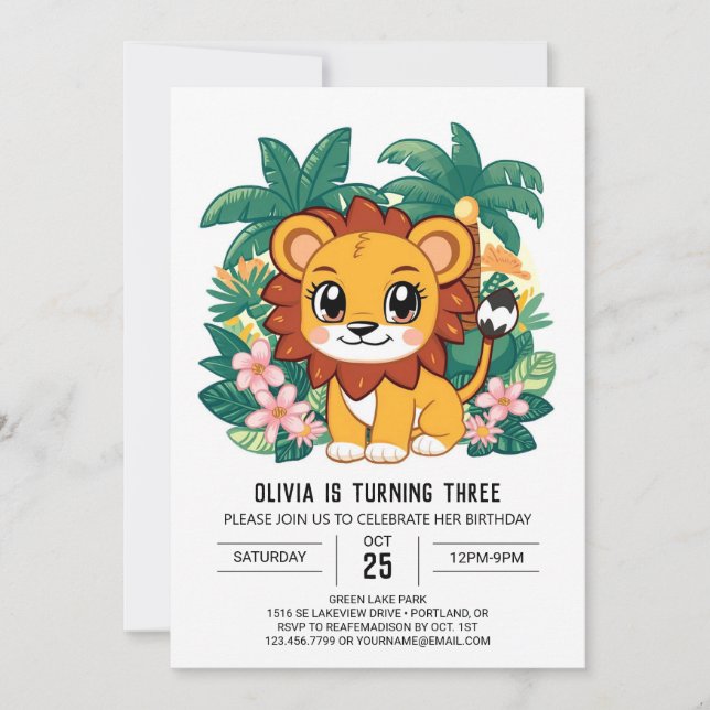 Whimsical Little Lion Digital Geburtstag Einladung (Vorderseite)