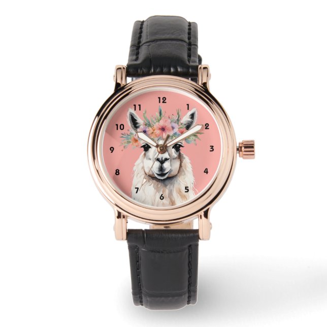 Whimsical Llama Floral Zen Farm Pink Armbanduhr (Vorderseite)