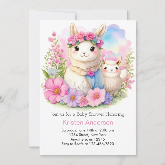 Whimsical Llama Girl Babydusche Einladung (Vorderseite)