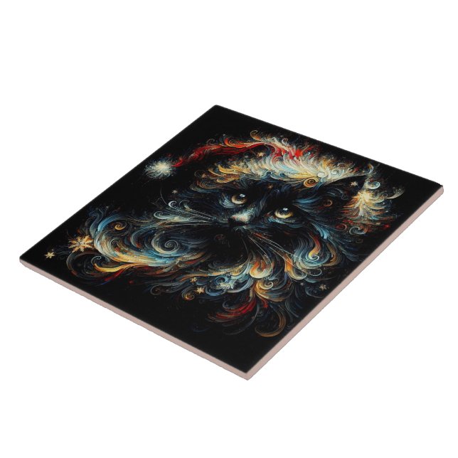 Whimsical Long Hair Black Cat Santa Christmas Hat Fliese (Seite)