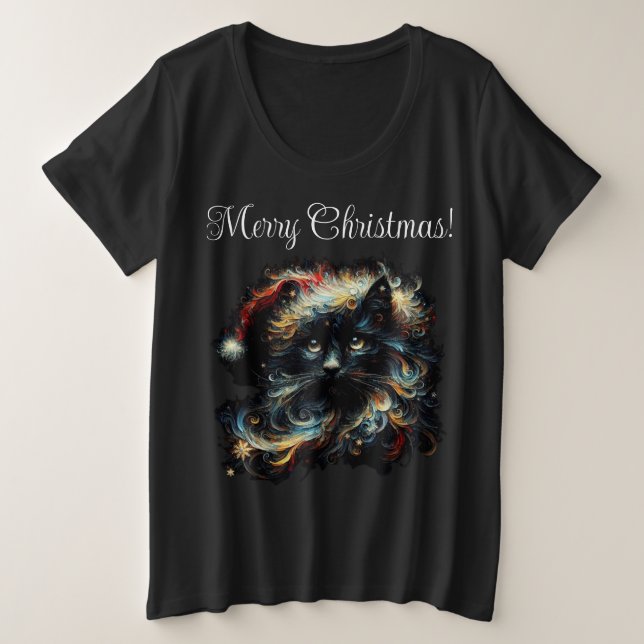 Whimsical Long Hair Black Cat Santa Christmas Hat Große Größe T-Shirt (Design vorne)