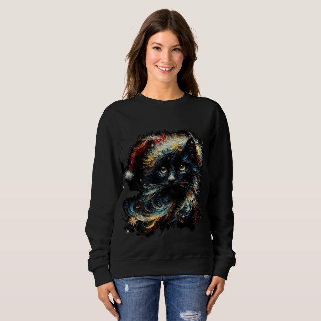 Whimsical Long Hair Black Cat Santa Christmas Hat Sweatshirt (Vorne ganz)