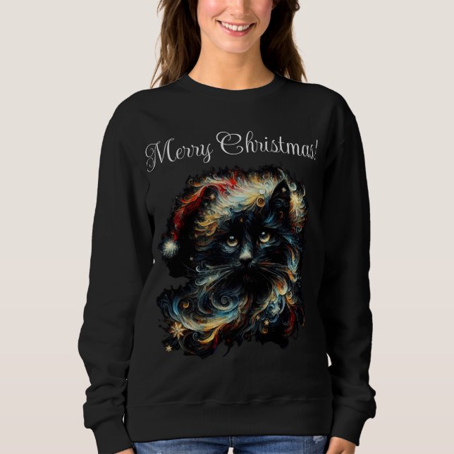 Whimsical Long Hair Black Cat Santa Christmas Hat Sweatshirt (Vorderseite)