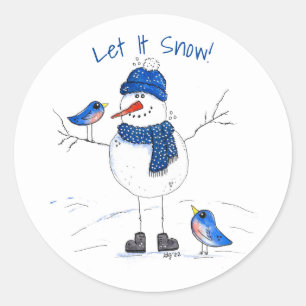 Whimsical Long Legged Snowman Runder Aufkleber
