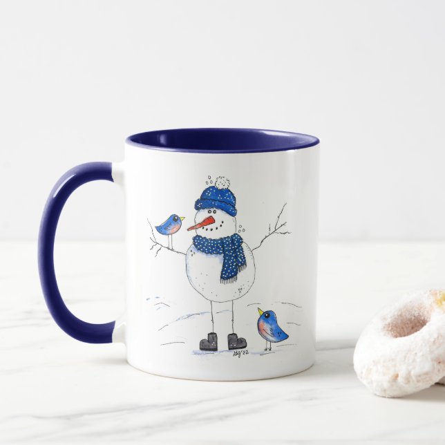 Whimsical Long Legged Snowman Tasse (Mit Donut)