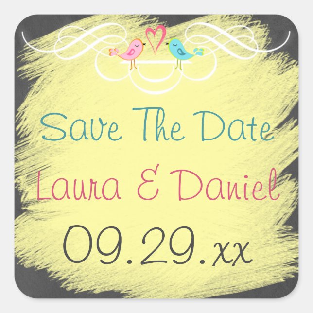 Whimsical Love Birds auf Chalkboard Wedding Sticke Quadratischer Aufkleber (Vorderseite)