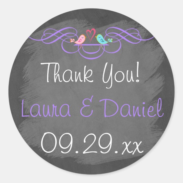Whimsical Love Birds auf Chalkboard Wedding Sticke Runder Aufkleber (Vorderseite)