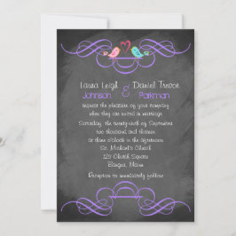 Whimsical Love Birds, Chalkboard Wedding - Lila Einladung