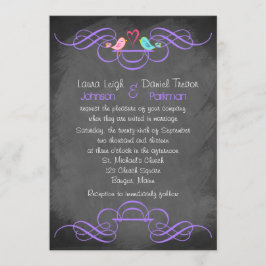 Whimsical Love Birds, Chalkboard Wedding - Lila Einladung