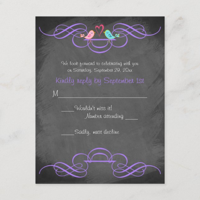 Whimsical Love Birds Chalkboard Wedding RSVP Card (Vorderseite)