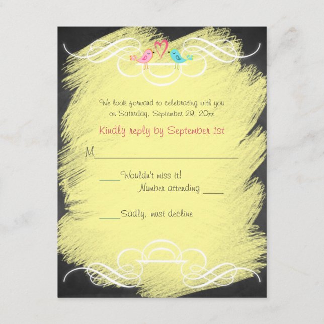 Whimsical Love Birds Chalkboard Wedding RSVP Card (Vorderseite)