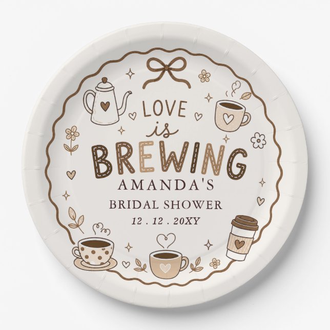 Whimsical Love is Brewing Kaffe-Hochzeitsdusche Pappteller (Vorderseite)