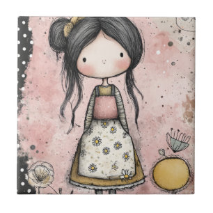 Whimsical Mädchen Wasserfarbe mit floralen Akzente Fliese