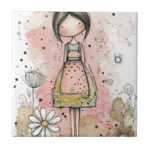 Whimsical Mädchen Wasserfarbe mit floralen Akzente Fliese