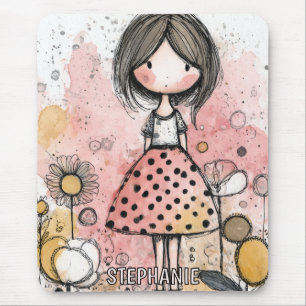 Whimsical Mädchen Wasserfarbe mit floralen Akzente Mousepad