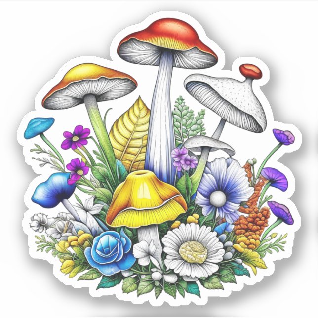 Whimsical Magic Mushrooms und Blume Aufkleber (Vorderseite)