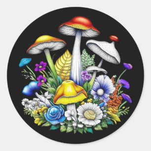 Whimsical Magic Mushrooms und Blume Runder Aufkleber