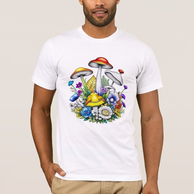 Whimsical Magic Mushrooms und Blume T-Shirt (Vorderseite)