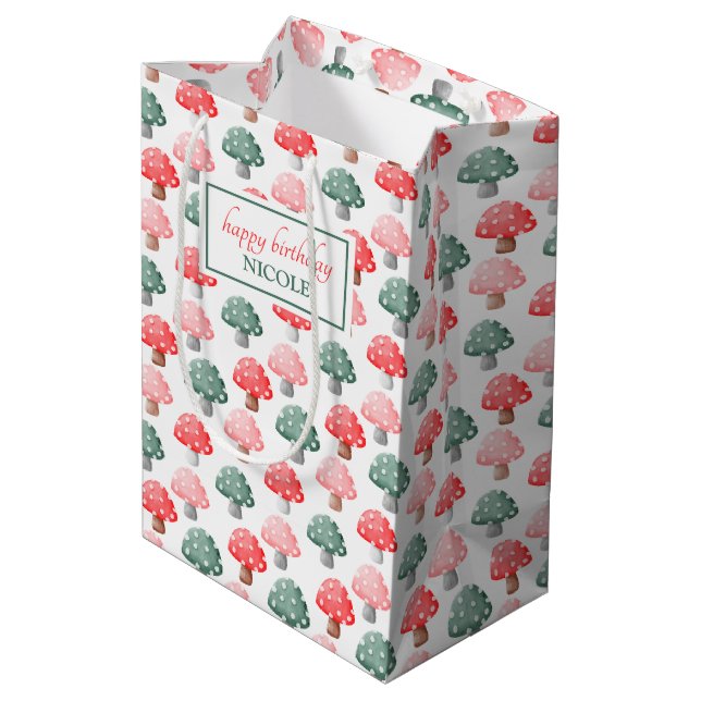 Whimsical Magic Niedlich farbenfrohe Pilze Mittlere Geschenktüte (Rückseite Schrägansicht)
