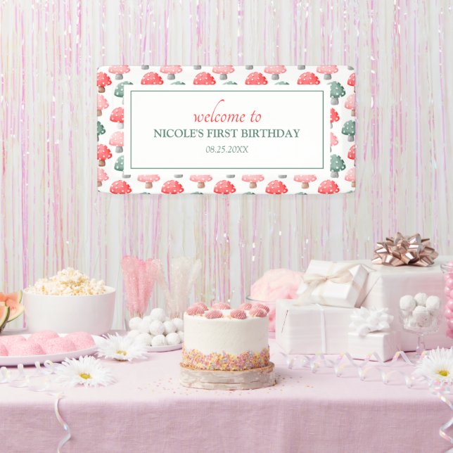Whimsical Magic Niedliche farbenfrohe Pilze Geburt Banner (Party)
