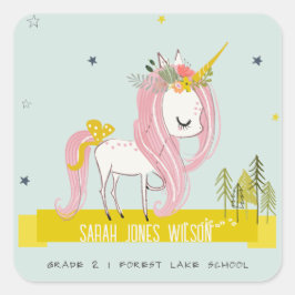 Whimsical Magical Unicorn Pink Aqua Aquamarin Prin Quadratischer Aufkleber