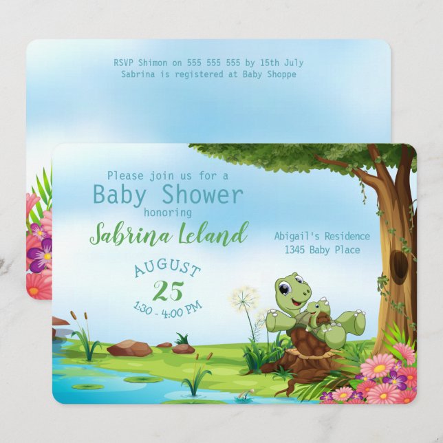 Whimsical Mama und Baby Turtle Animal Baby Dusche Einladung (Vorne/Hinten)