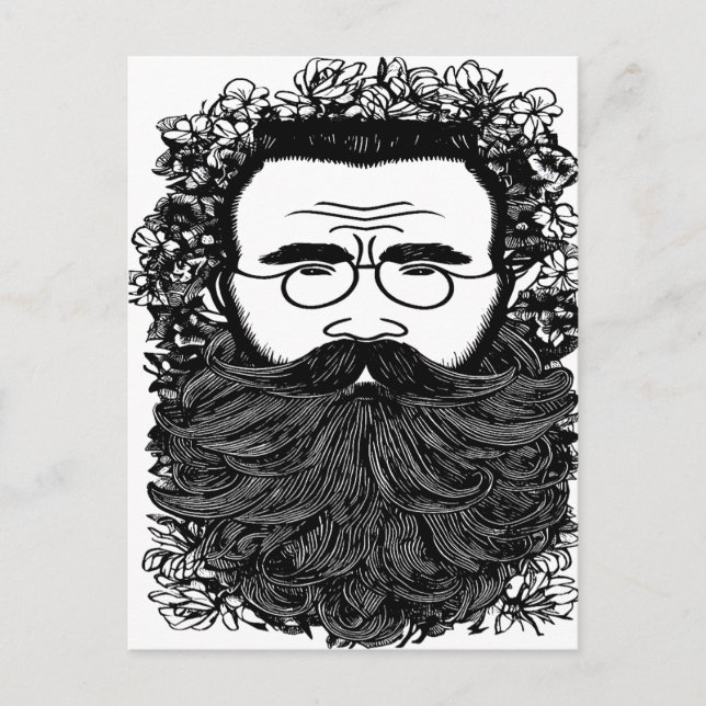 Whimsical Man Beard Mustache Blume Art Postkarte (Vorderseite)