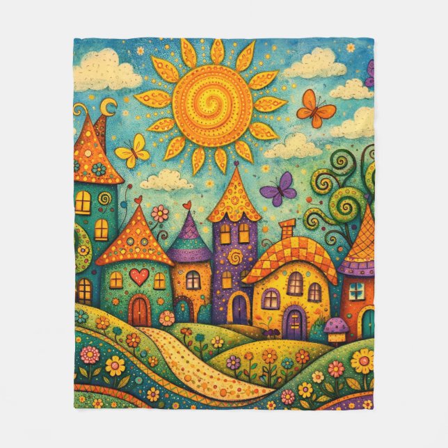 Whimsical Märchen Dorf Farbige Leinwand Kunst Fleecedecke (Vorderseite)