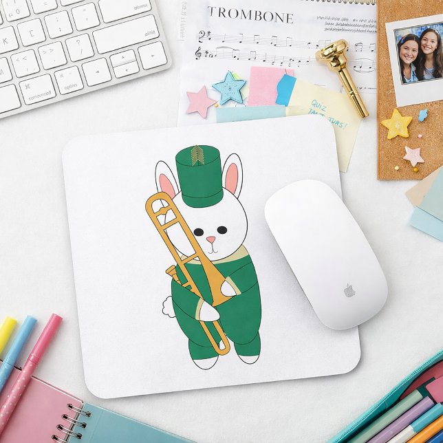 Whimsical Marching Bunny Musician Trombone Grün  Mousepad (A mouse pad featuring a rabbit wearing green & gold marching band uniform while holding a trombone.)