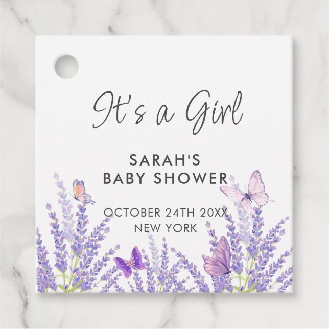 Whimsical Meadow Lavender Butterfly Babydusche Geschenkanhänger (Vorderseite)