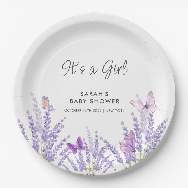 Whimsical Meadow Lavender Butterfly Babydusche Pappteller (Vorderseite)
