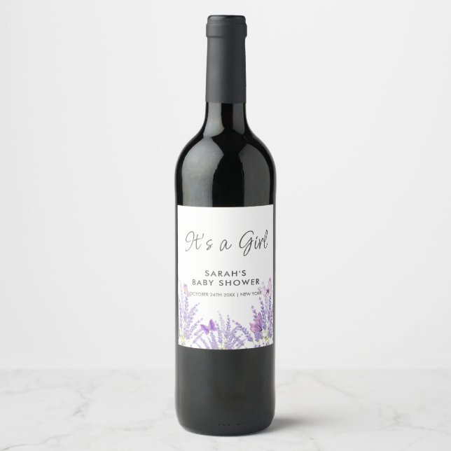 Whimsical Meadow Lavender Butterfly Babydusche Weinetikett (Vorderseite)