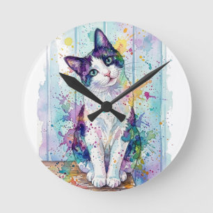 Whimsical Mehrfarbig-Wasserfarben-Anzug-Kätzchen-P Runde Wanduhr