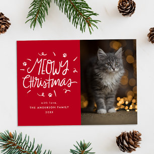 Whimsical Meowy Christmas Red Cat Foto Feiertagskarte
