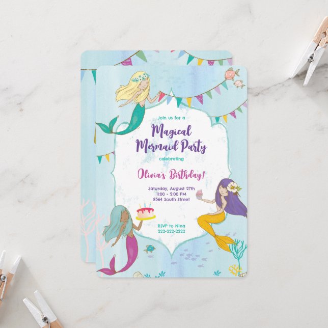 Whimsical Mermaid Birthday Party Einladung (Vorderseite/Rückseite Beispiel)