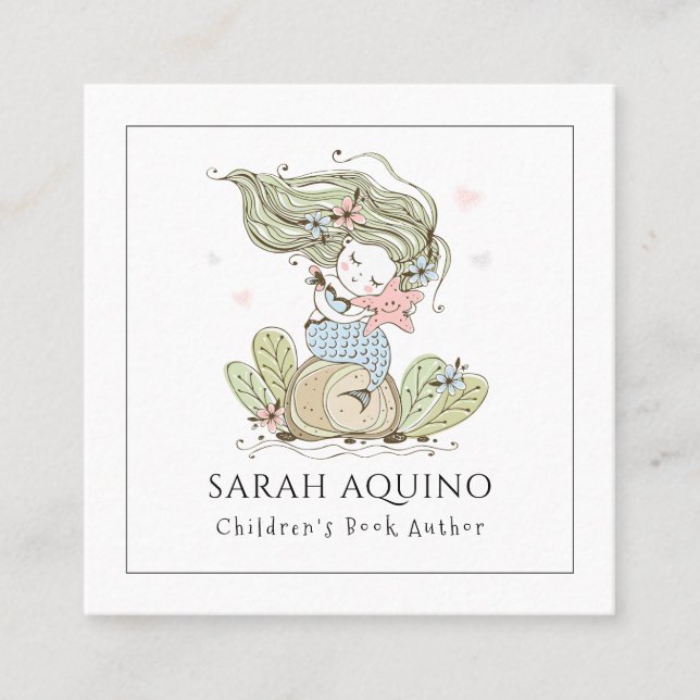 Whimsical Mermaid Children's Book Author Square B Quadratische Visitenkarte (Vorderseite)