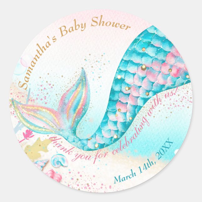 Whimsical Mermaid Girl Baby Dusche Vielen Dank Runder Aufkleber (Vorderseite)