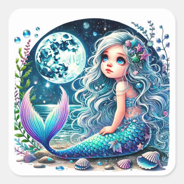 Whimsical Mermaid Girl Birthday Party Quadratischer Aufkleber (Vorderseite)