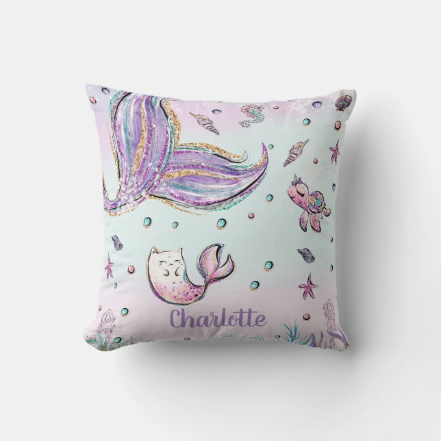Whimsical Mermaid Schwanz Under Sea Mercat Kissen (Vorderseite)
