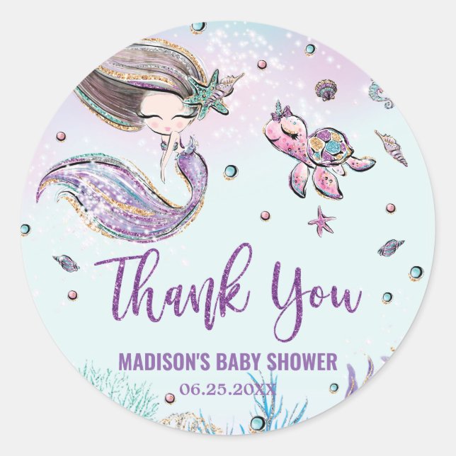 Whimsical Mermaid Under Sea Baby Shower Fevor Runder Aufkleber (Vorderseite)