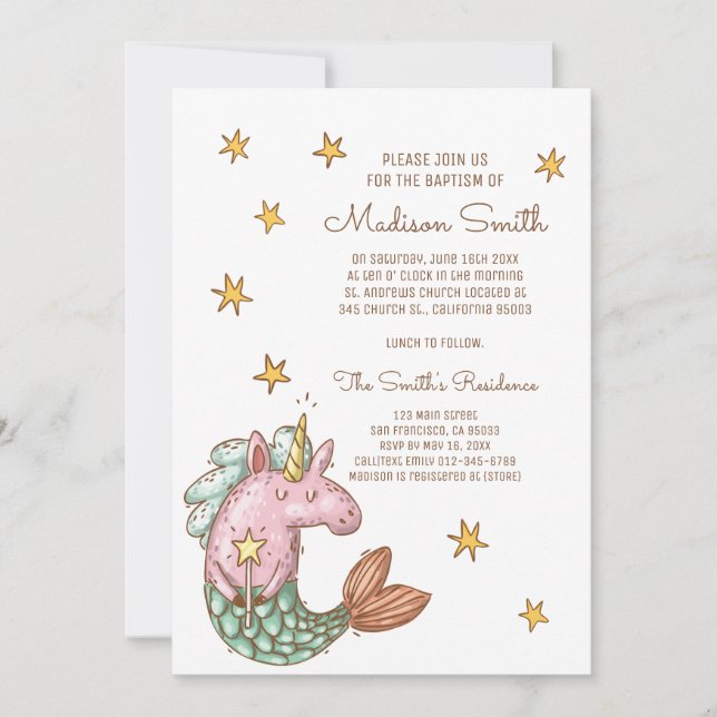 Whimsical Mermaid Unicorn Stars Taufen Einladung (Vorderseite)