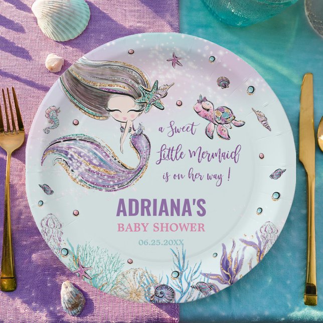 Whimsical Mermaid unter der Sea Girl Baby Dusche Pappteller (chic cute little mermaid under the sea turtle coral shells turquoise baby shower round paper plates)