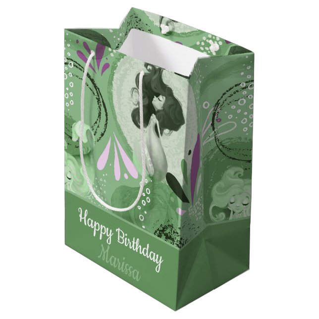 Whimsical Mermaids Green Abstrakt Mittlere Geschenktüte (Rückseite Schrägansicht)