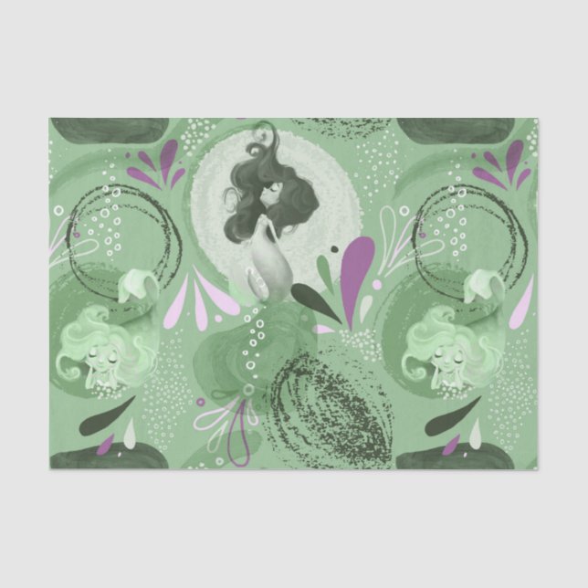 Whimsical Mermaids Grüner Abstrakter Hintergrund Seidenpapier (Vorderseite)
