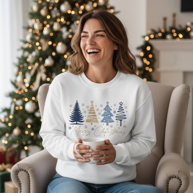 Whimsical Merry Christmas Festive Trees Blue Gold Sweatshirt (Von Creator hochgeladen)
