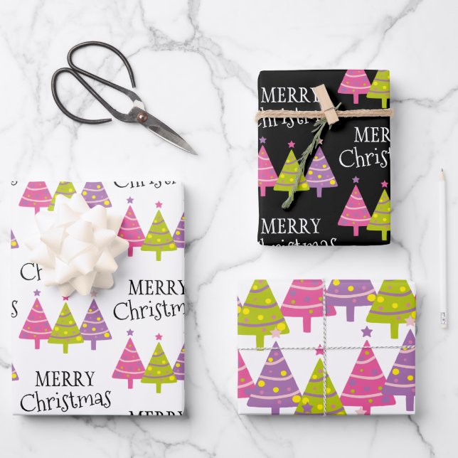 Whimsical Merry Christmas Trees Geschenkpapier Set (Vorderseite)