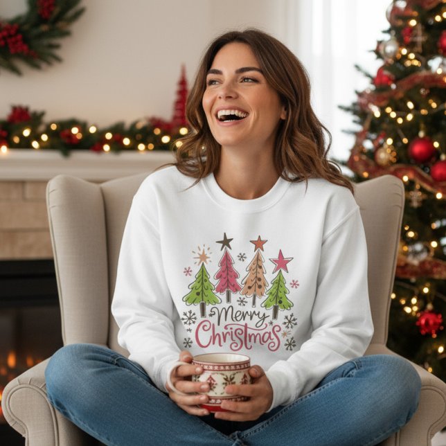 Whimsical Merry Christmas Trees Winter Snowflakes Sweatshirt (Von Creator hochgeladen)