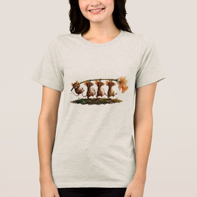 Whimsical Mice Carrying Daffodil Line Art Tri-Blend Shirt (Vorderseite)