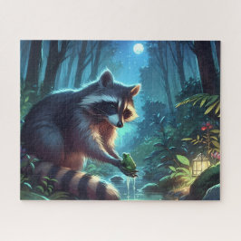 Whimsical Midnight Raccoon and Frog Forest River