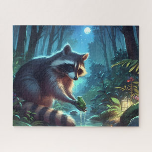 Whimsical Midnight Raccoon and Frog Forest River